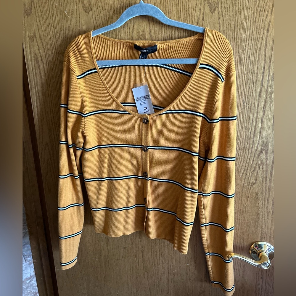 FOREVER 21 SWEATER CARDIGAN IN MUSTARD WITH BLACK/WHITE STRIPES NWT